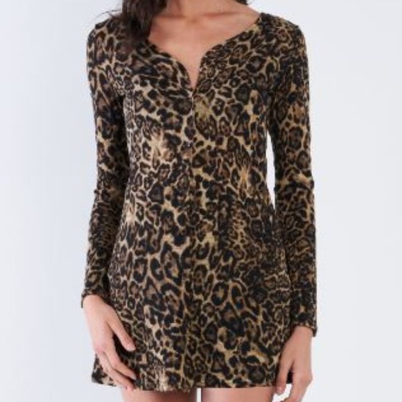 -#36 Leopard Print Long Sleeve Button Down Mini Dress Top - Picture 4 of 5